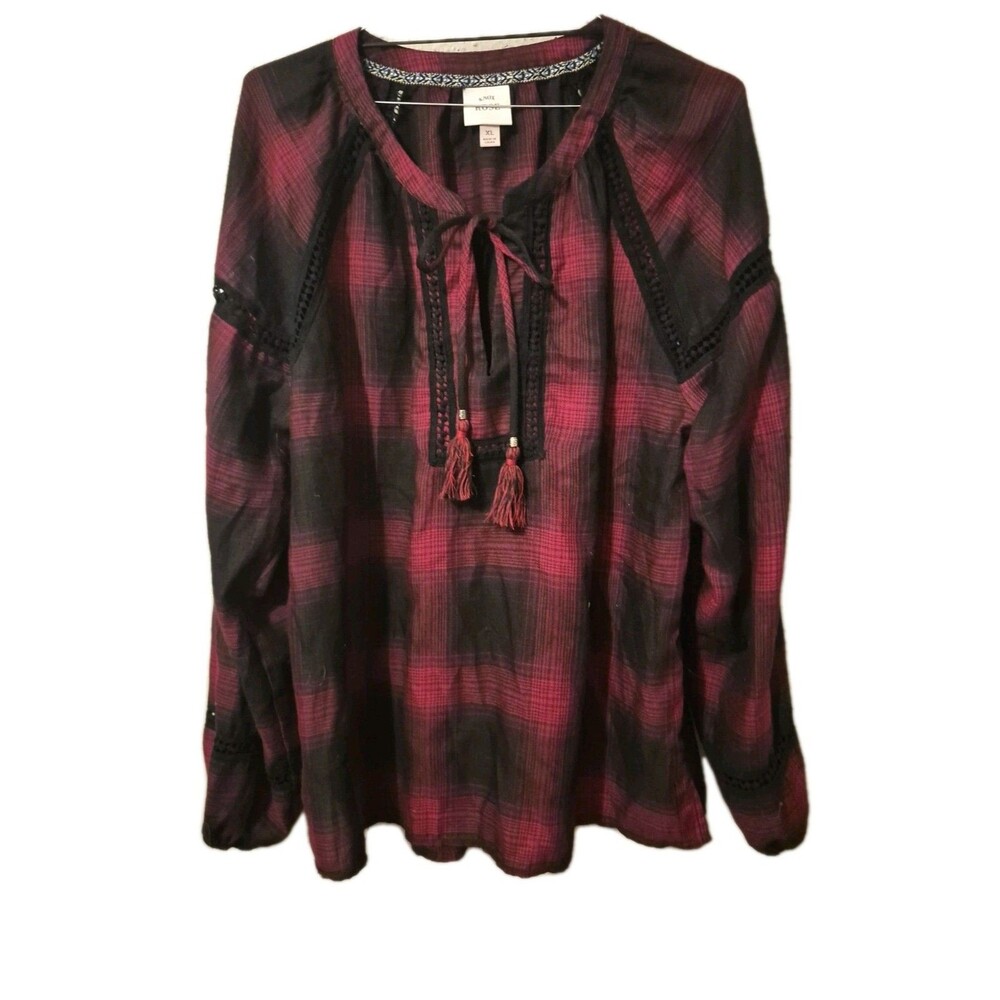 Knox Rose Womens Size XL Buffalo Plaid Pullover Tunic Top Red Black Tassel